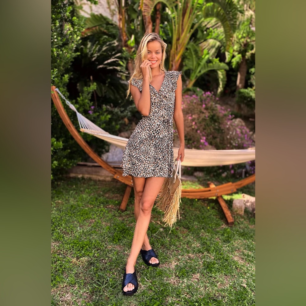 Free People Abstract Dot Flutter Sleeve Tiered Ruffle Wrap Mini Dress - Picture 8 of 14